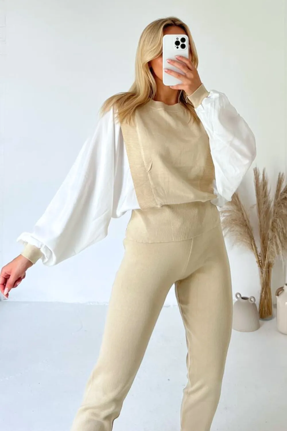 Georgia beige poplin sleeve knitted loungewear