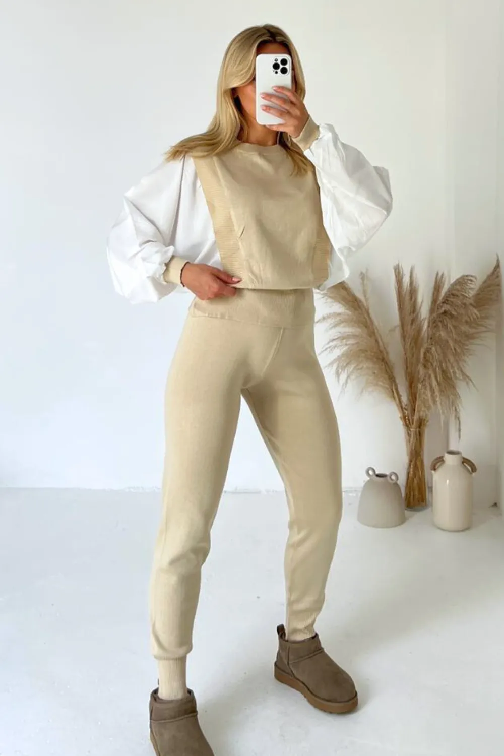 Georgia beige poplin sleeve knitted loungewear