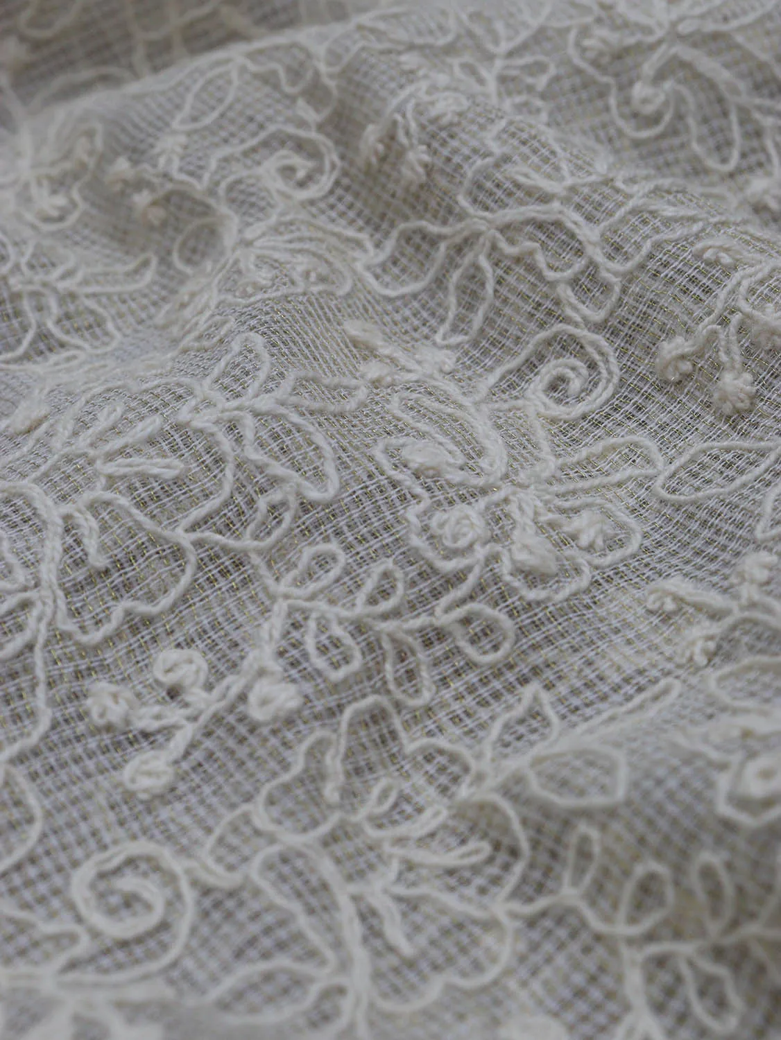 Get Stylish with Off White Trendy Kota Net Thread Work Fabric (0.75 Mtr)