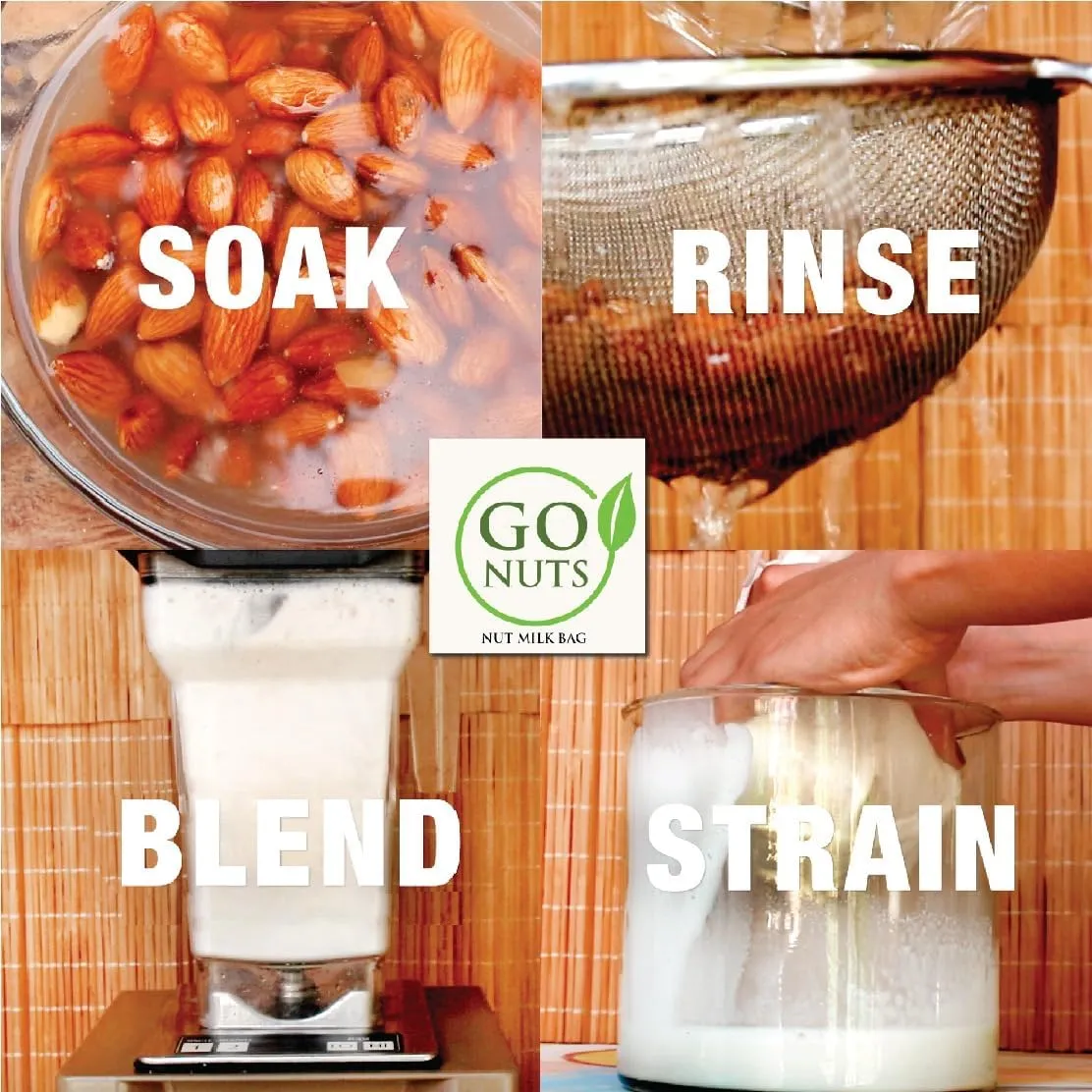 Go Nut Milk Bag 6 Pack, 12x12" Reusable Strainer Bags for Plant-Based, Nut Milk Cold Brew, Coffee, & Juice, BPA-Free, Ultra-Fine Mesh, Nylon Triple-Stitched, Eco-Friendly, Pro Quality Filter Bags