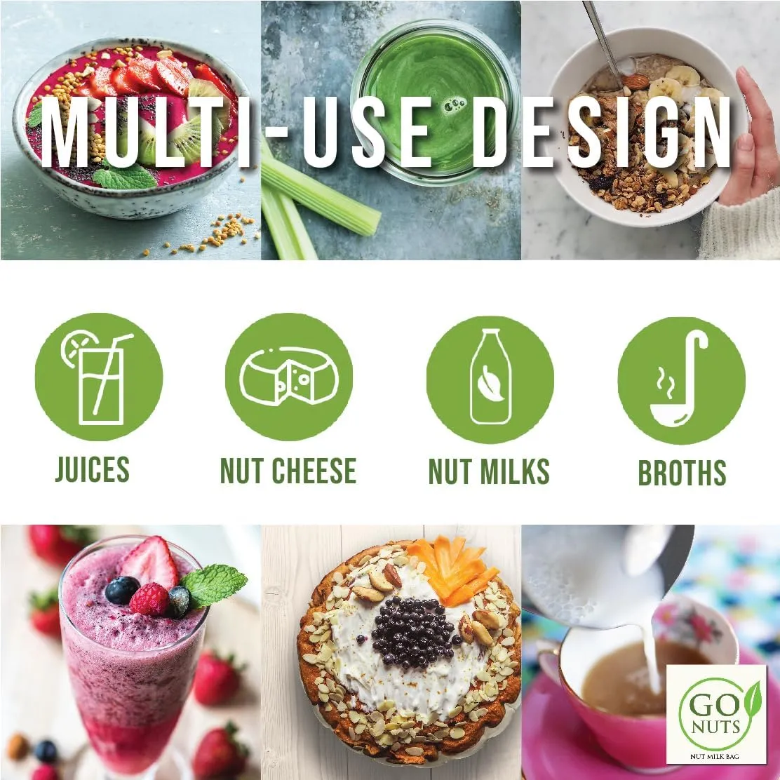 Go Nut Milk Bag 6 Pack, 12x12" Reusable Strainer Bags for Plant-Based, Nut Milk Cold Brew, Coffee, & Juice, BPA-Free, Ultra-Fine Mesh, Nylon Triple-Stitched, Eco-Friendly, Pro Quality Filter Bags