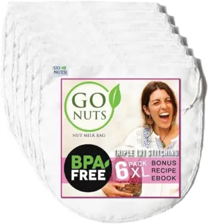 Go Nut Milk Bag 6 Pack, 12x12" Reusable Strainer Bags for Plant-Based, Nut Milk Cold Brew, Coffee, & Juice, BPA-Free, Ultra-Fine Mesh, Nylon Triple-Stitched, Eco-Friendly, Pro Quality Filter Bags