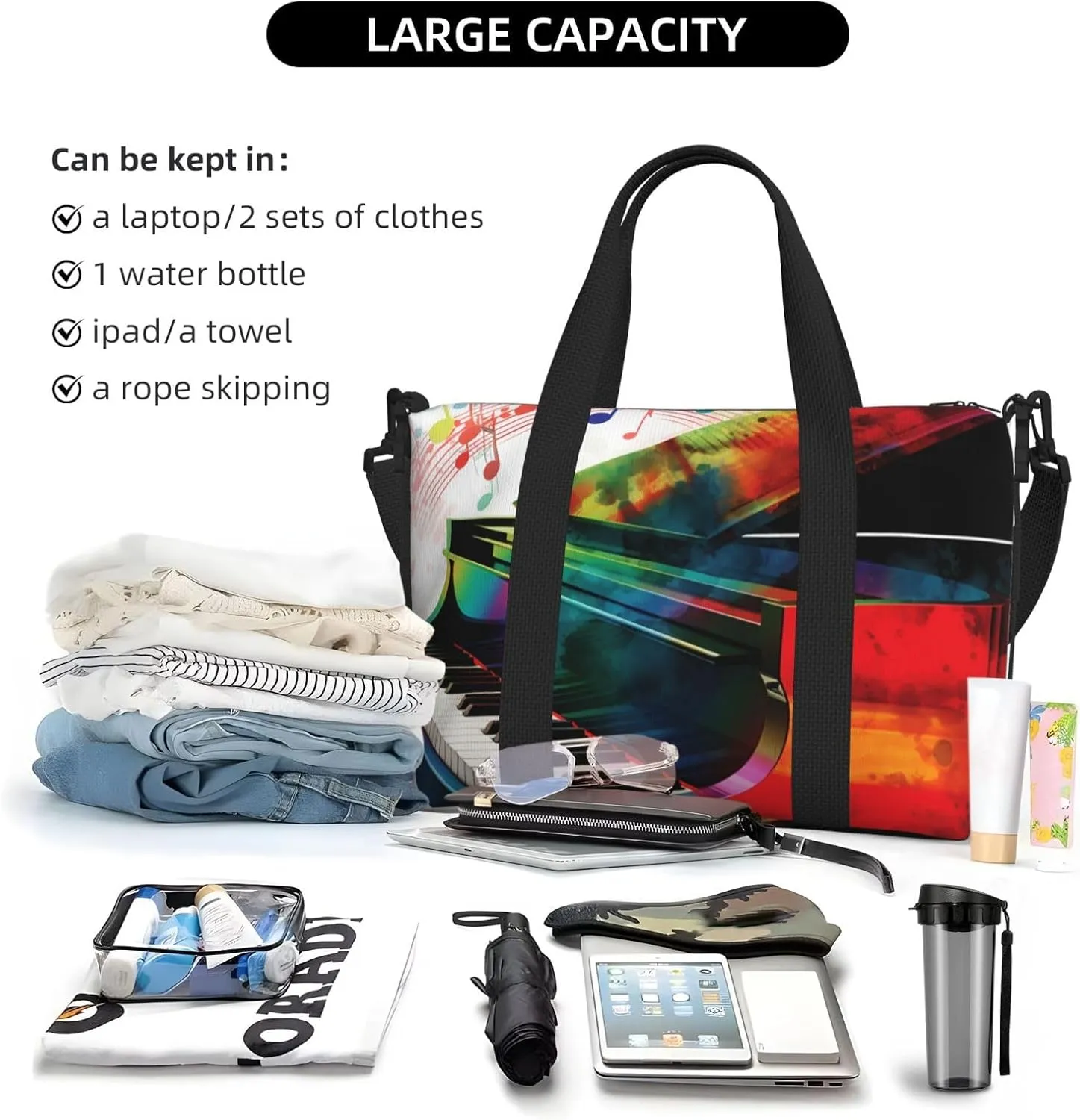 Gym Bags Small Colorful Piano Keyboard Duffel Bag Overnight Bag with Shoe Compartment Carryon Bag for Men Women