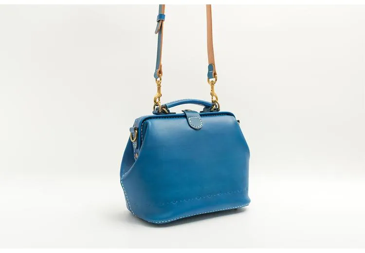Handmade Womens Blue Leather Doctor Handbag Blue Shoulder Doctor Bags Purse for Women