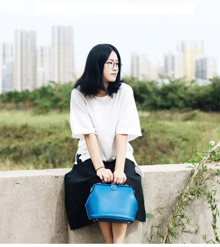 Handmade Womens Blue Leather Doctor Handbag Blue Shoulder Doctor Bags Purse for Women
