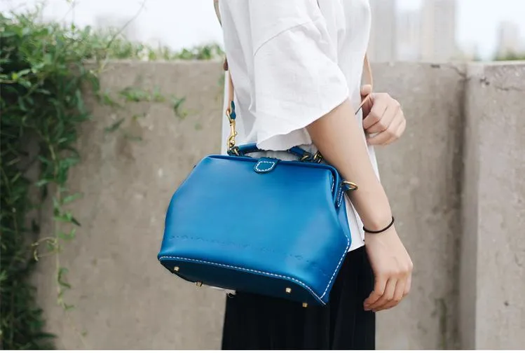 Handmade Womens Blue Leather Doctor Handbag Blue Shoulder Doctor Bags Purse for Women