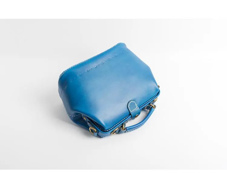 Handmade Womens Blue Leather Doctor Handbag Blue Shoulder Doctor Bags Purse for Women