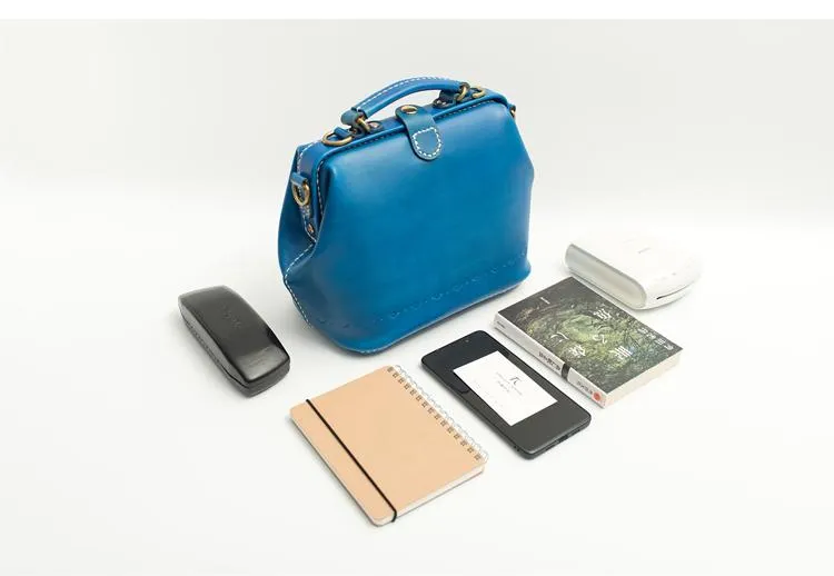 Handmade Womens Blue Leather Doctor Handbag Blue Shoulder Doctor Bags Purse for Women