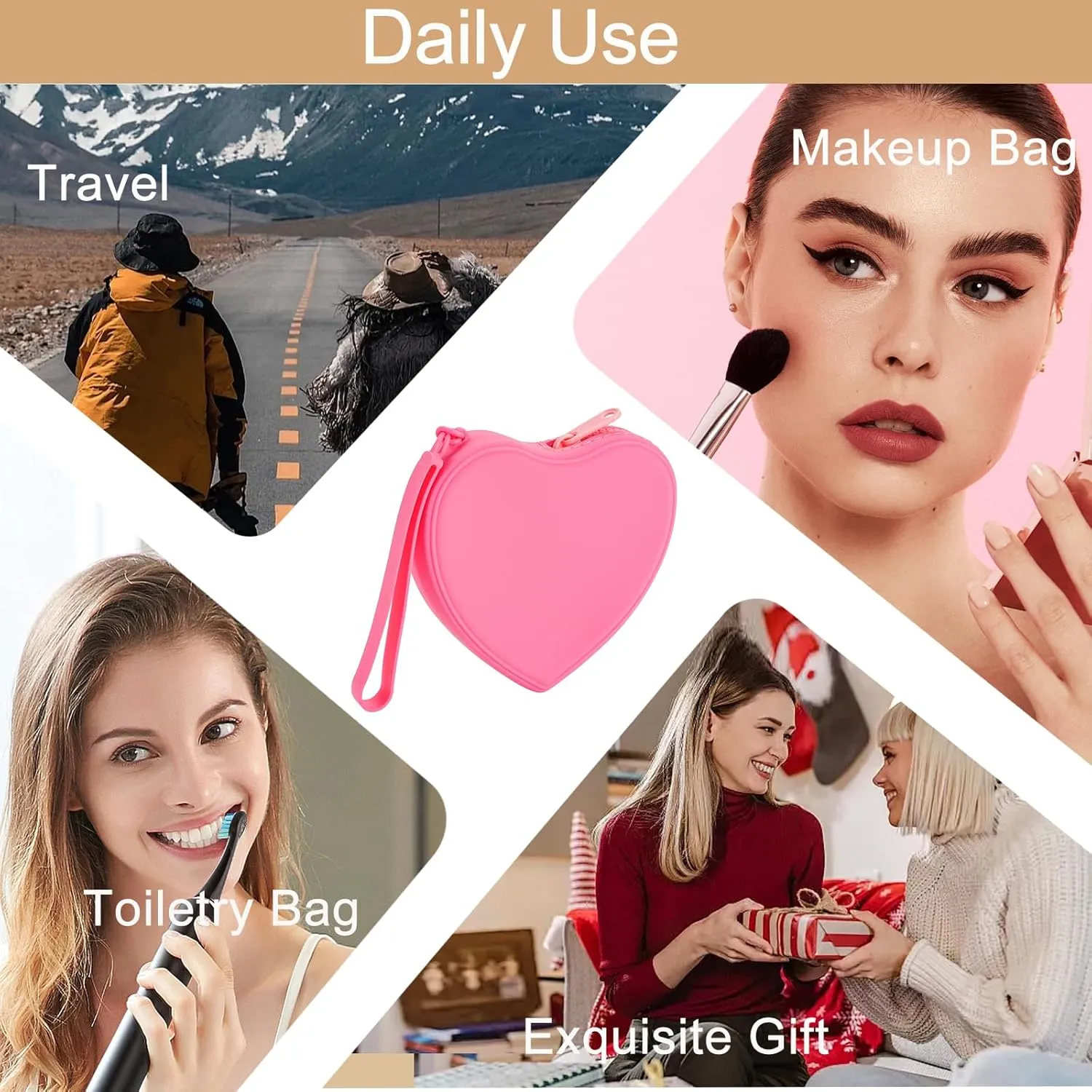 Heart Shaped Portable Silicone Makeup Bag for Women Girls, Small Travel Lovely Waterproof Toiletry Cosmetic Bag, Zipper Closure Organizer Heart Makeup Case with Handle (Red)