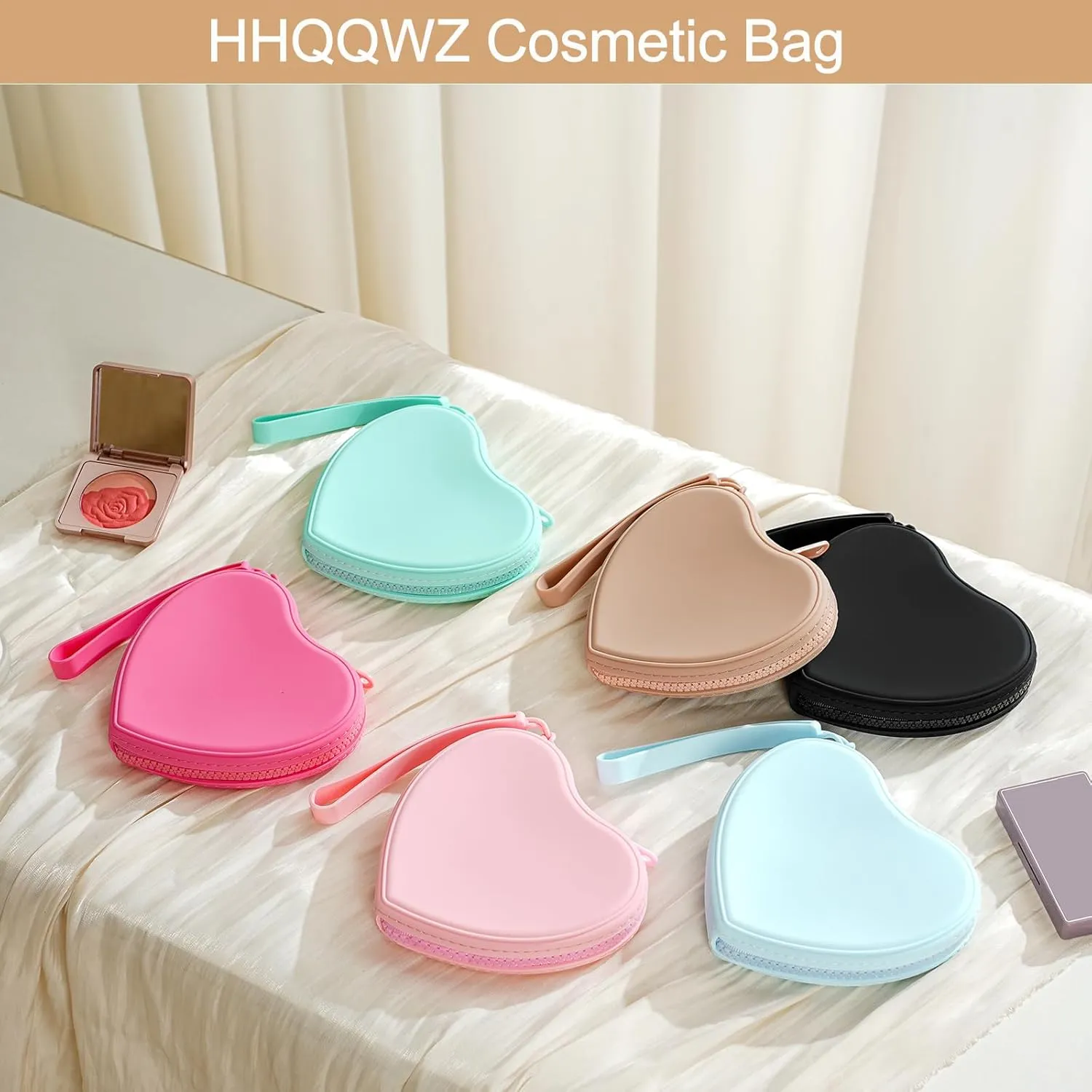 Heart Shaped Portable Silicone Makeup Bag for Women Girls, Small Travel Lovely Waterproof Toiletry Cosmetic Bag, Zipper Closure Organizer Heart Makeup Case with Handle (Red)