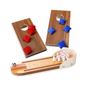 Jexine Table Top Mini Bowling Game Set and 2 Sets Cornhole Set Wooden Bowling Game Desk Toys Portable Mini Desktop Cornhole Fun Desktop Games Desk Gifts for Adults Kids Teens