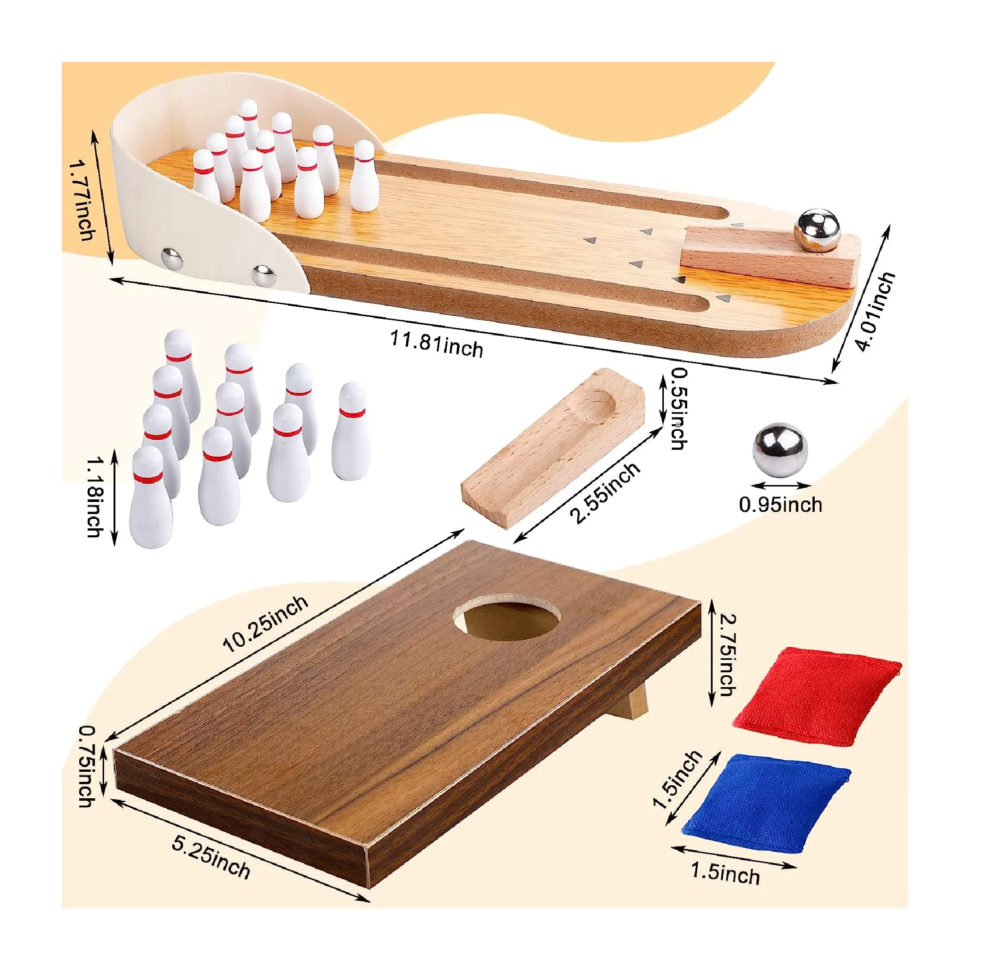 Jexine Table Top Mini Bowling Game Set and 2 Sets Cornhole Set Wooden Bowling Game Desk Toys Portable Mini Desktop Cornhole Fun Desktop Games Desk Gifts for Adults Kids Teens
