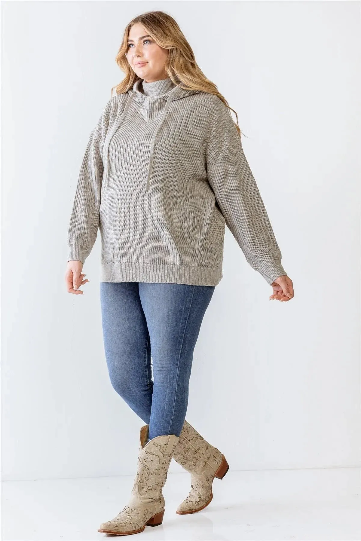 Junior Plus Heather Grey Knit Long Sleeve Hooded Sweater /2-2-1