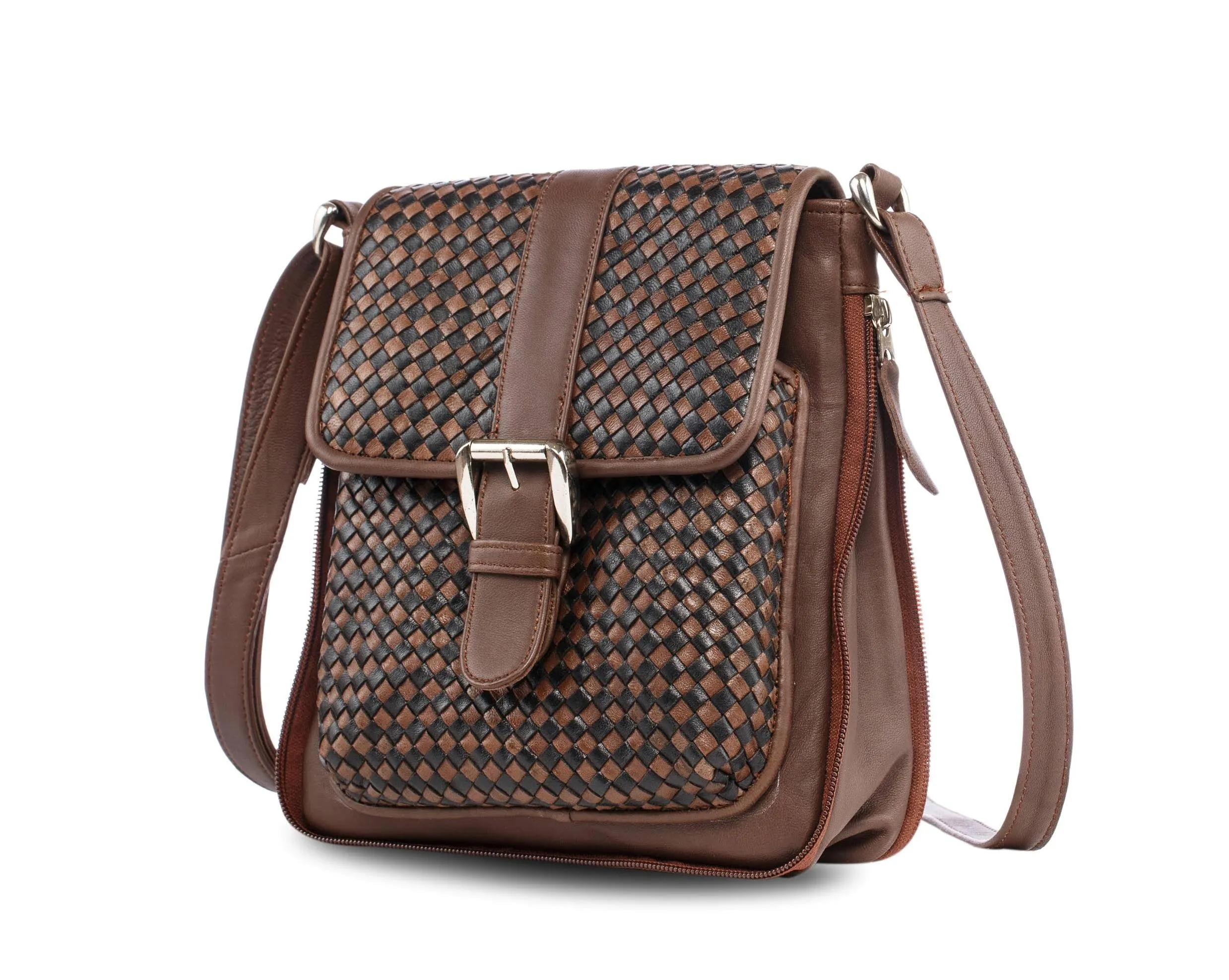 Knitted Leather Cross Body Bag Black and Brown