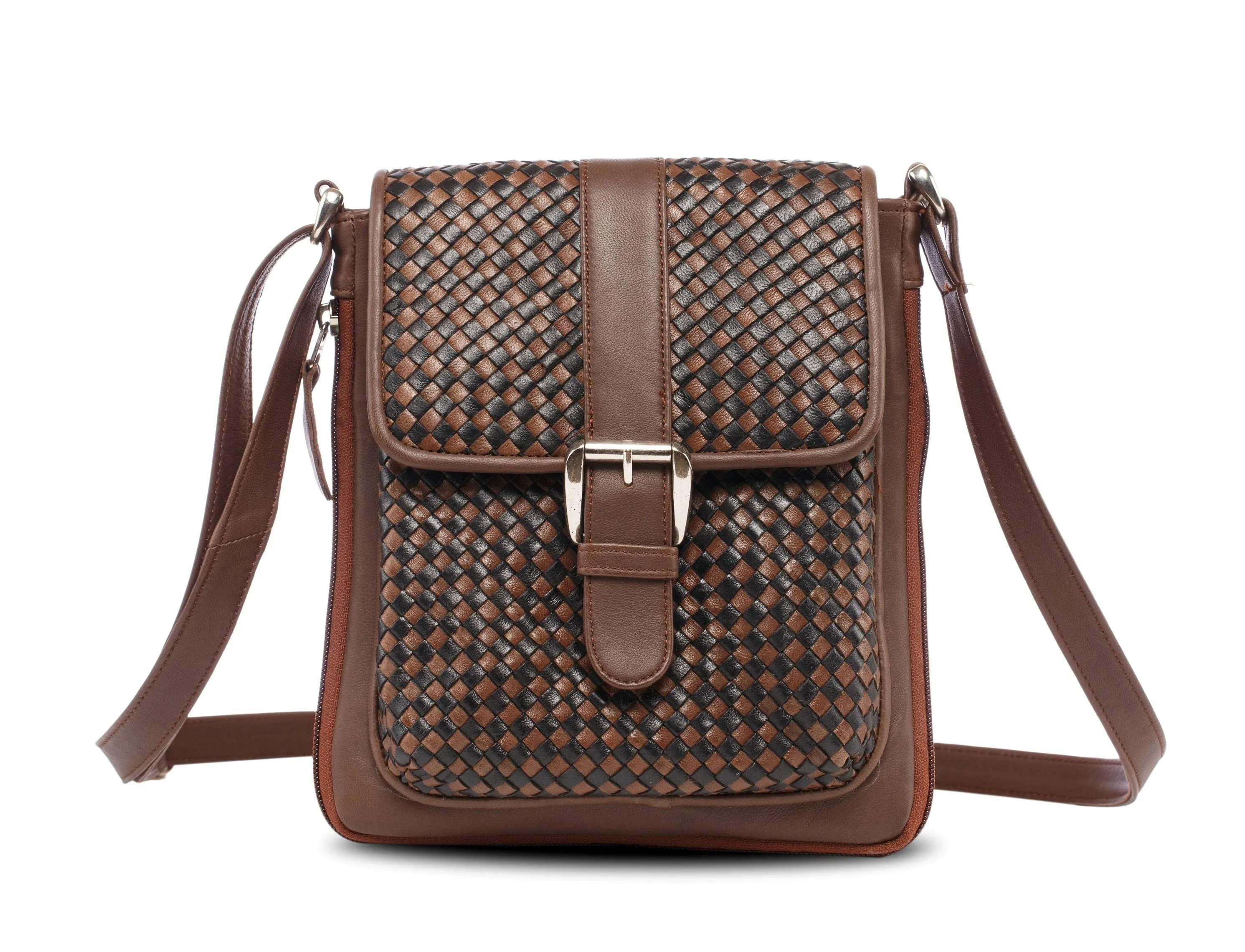 Knitted Leather Cross Body Bag Black and Brown