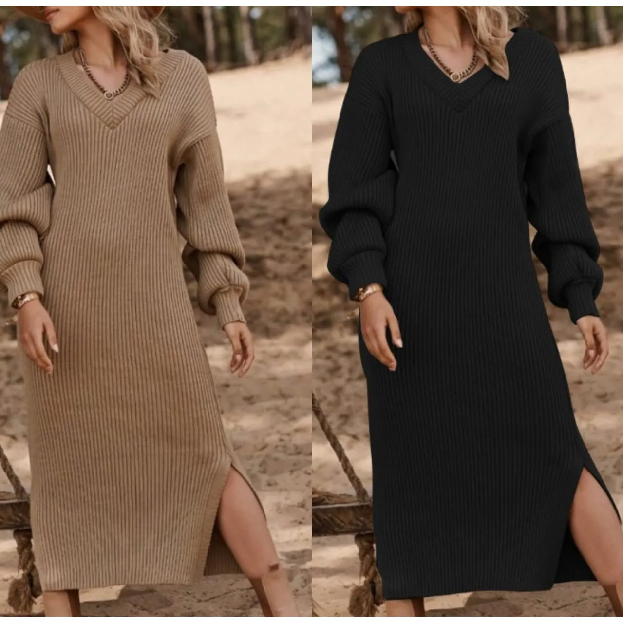 Knitted V-Neck Side Slit Dress