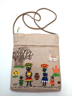large beaded, hand painted sling bag lined with shweshwe
