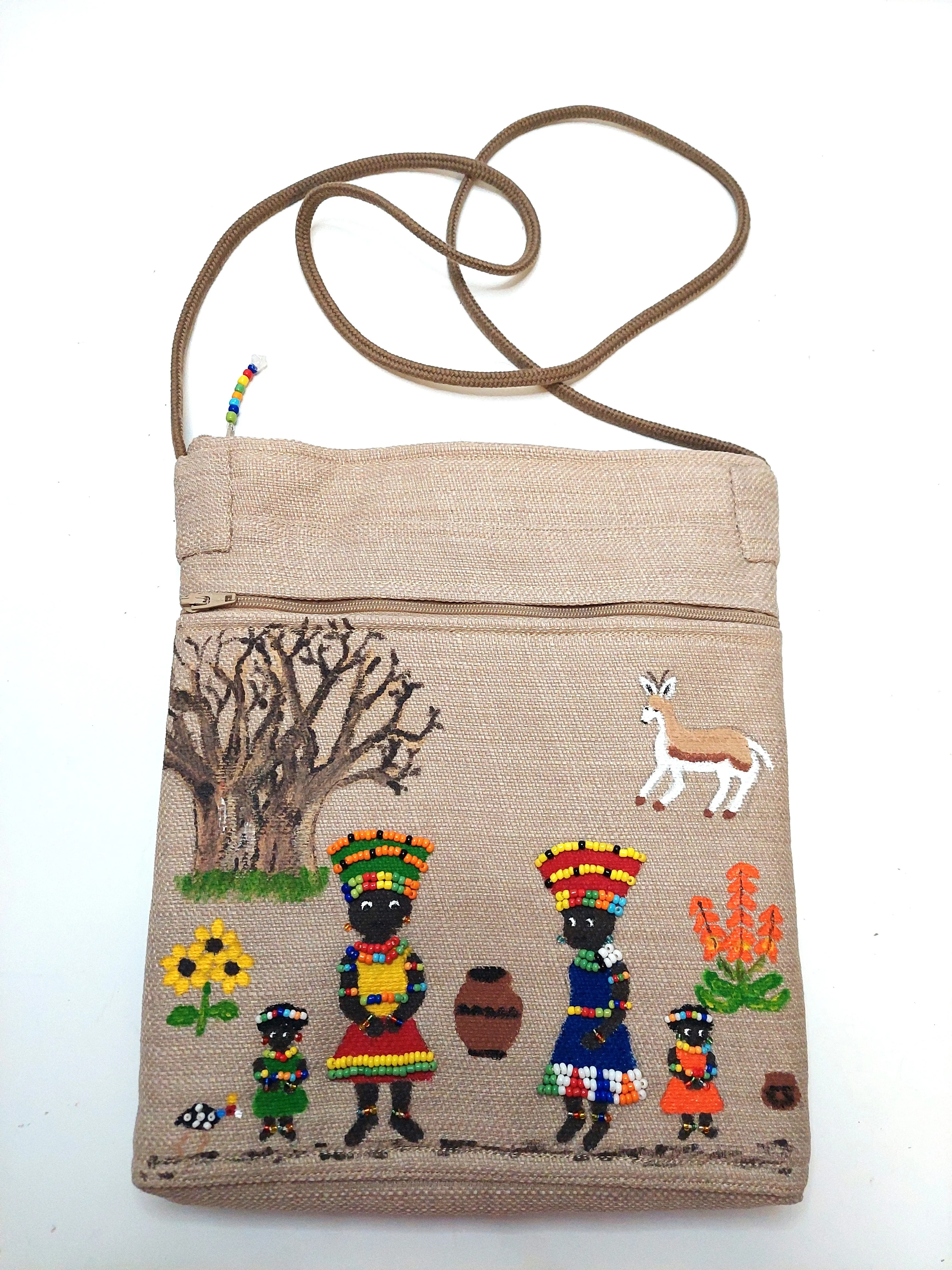 large beaded, hand painted sling bag lined with shweshwe