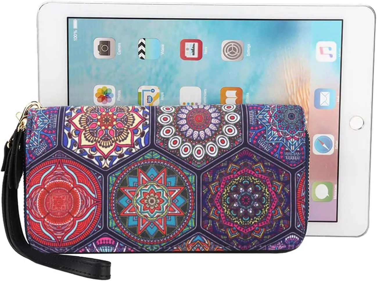 LATH.PIN RFID Blocking Bohemian Purse Wallet Canvas Elephant Pattern Handbag with Coin Pocket and Strap