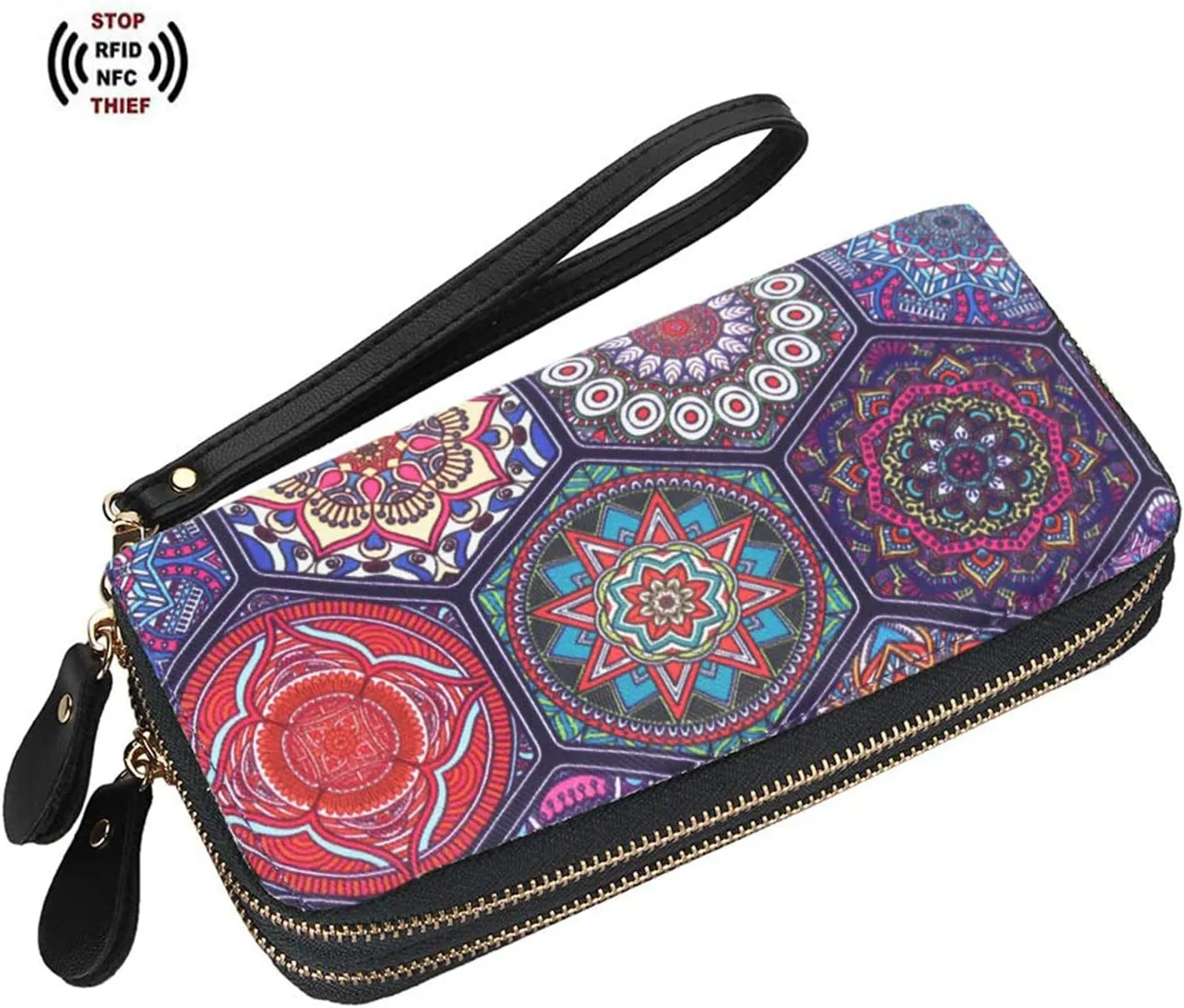 LATH.PIN RFID Blocking Bohemian Purse Wallet Canvas Elephant Pattern Handbag with Coin Pocket and Strap