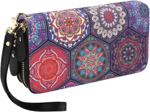 LATH.PIN RFID Blocking Bohemian Purse Wallet Canvas Elephant Pattern Handbag with Coin Pocket and Strap