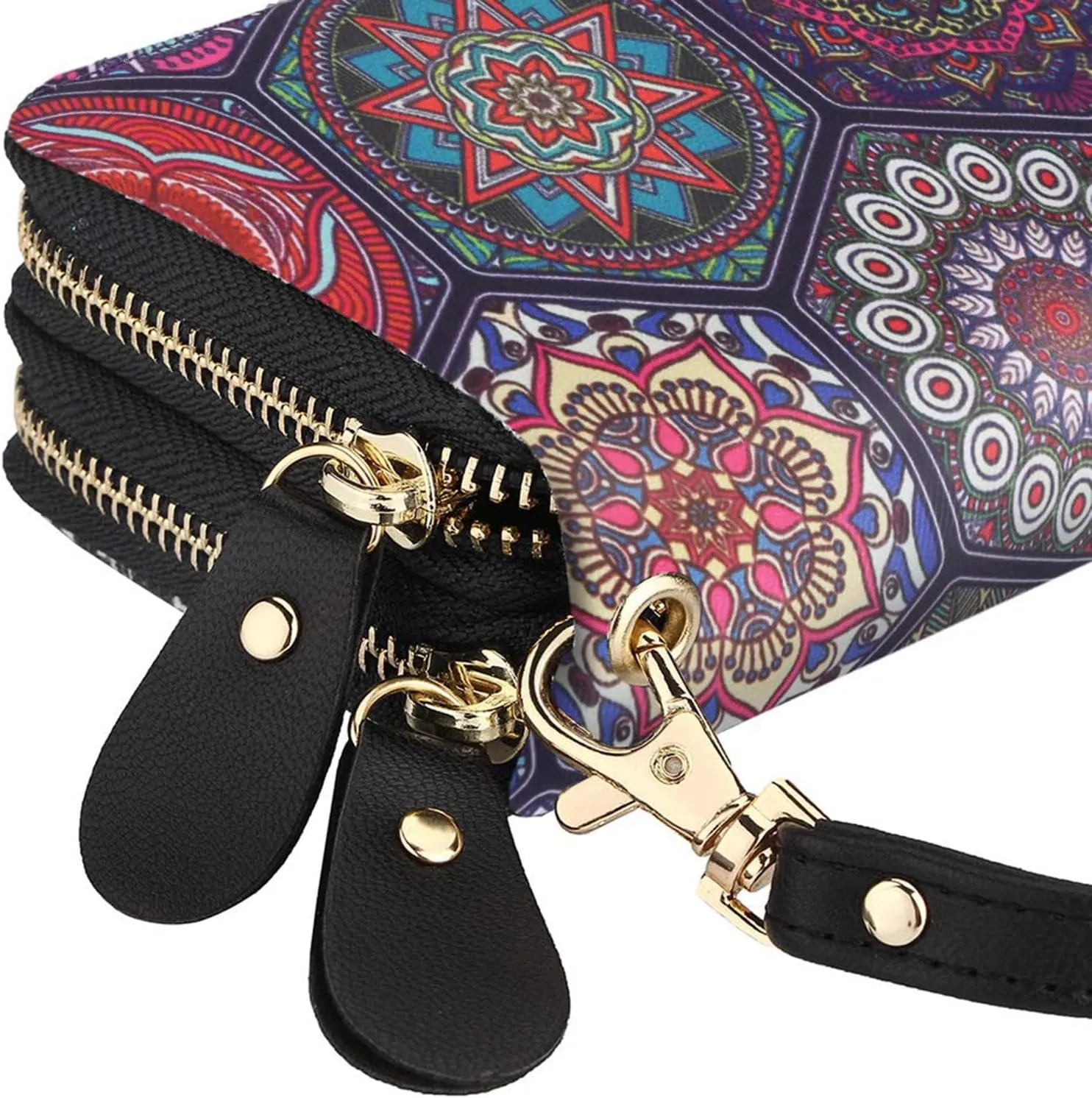LATH.PIN RFID Blocking Bohemian Purse Wallet Canvas Elephant Pattern Handbag with Coin Pocket and Strap