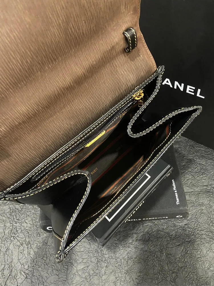 Loewe Vintage Black Brown Leather Gold Handle Kelly Bag