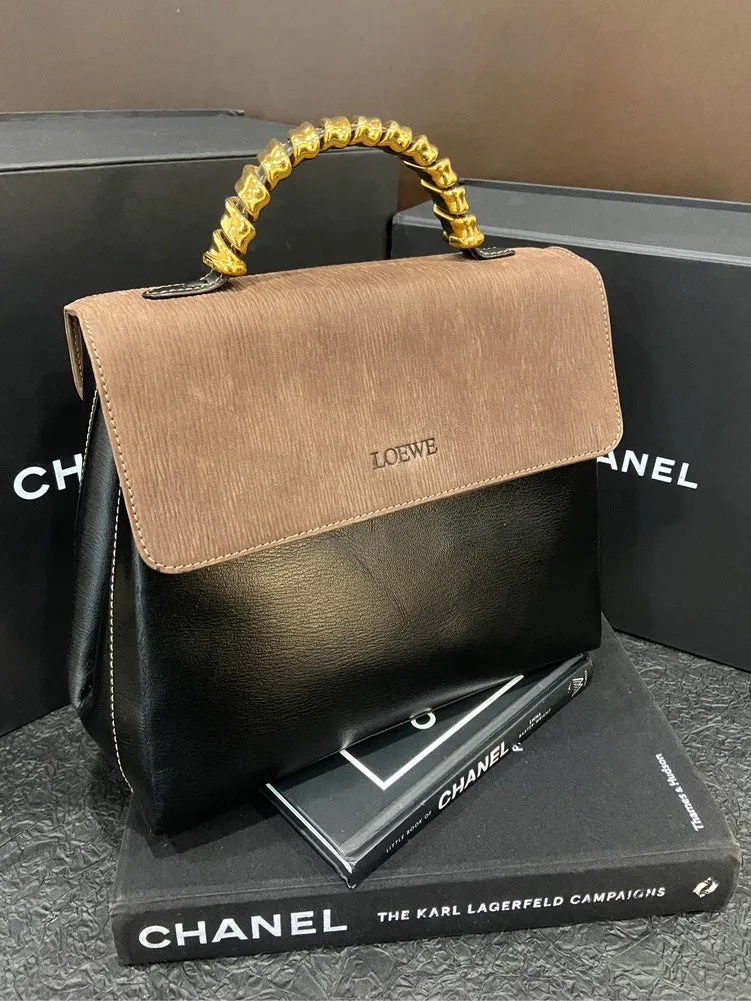 Loewe Vintage Black Brown Leather Gold Handle Kelly Bag