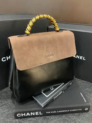 Loewe Vintage Black Brown Leather Gold Handle Kelly Bag