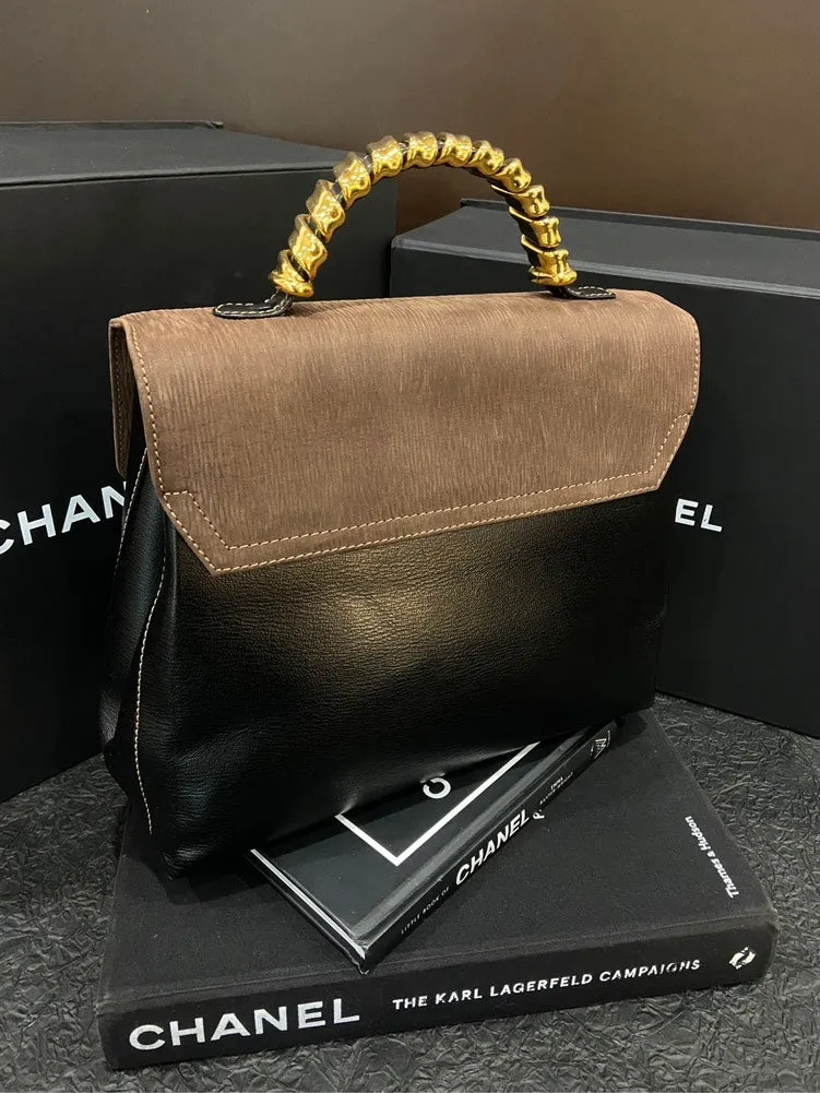 Loewe Vintage Black Brown Leather Gold Handle Kelly Bag