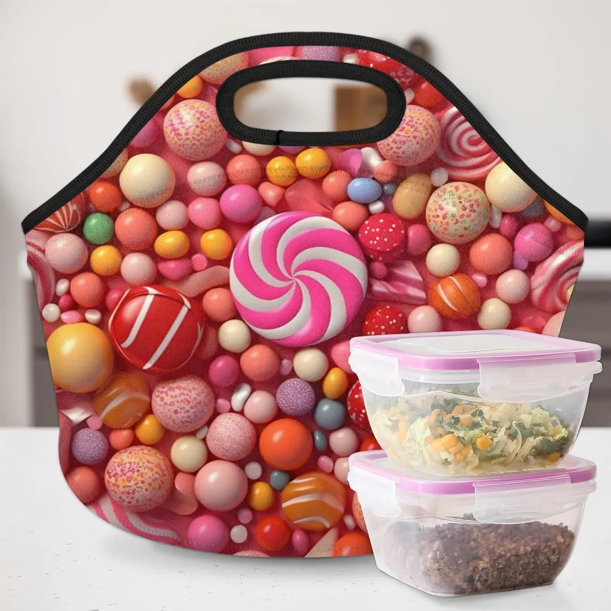 Neoprene Lunch Tote Bags for Women Men, Adult Lollipop Tote Picnic Bag, Lunch Containers Reusable High Capacity Lunch Bags for Work Travel Outdoor, Lollipop