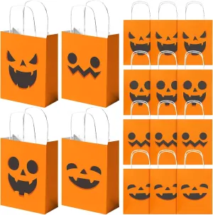 NiHome 16-Pack Halloween Pumpkin Kraft Paper Treat Bags with Handles - Assorted Jack-o'-lantern Designs for Trick or Treat, Party Favors, Candy, Cookies, and Gifts