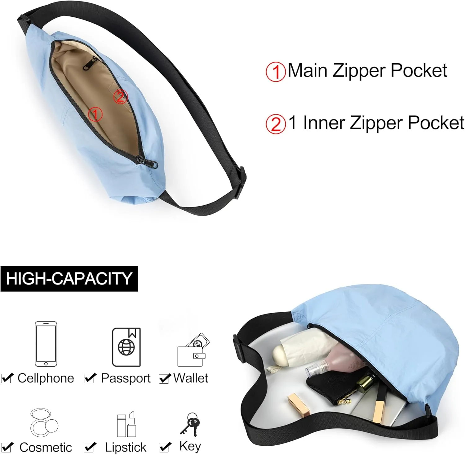 Nylon Crossbody Bag For Women Men Casual Lightweight Crescent Shoulder Hobo Purse With Wide Adjustable Strap