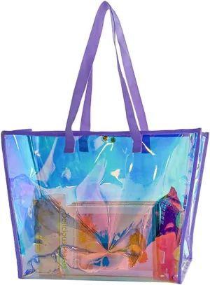 ONEART Clear Holographic Tote Bags, Iridescent Waterproof Top Handle Bag, Clear Jelly Totes Vocation Party Beach Bag