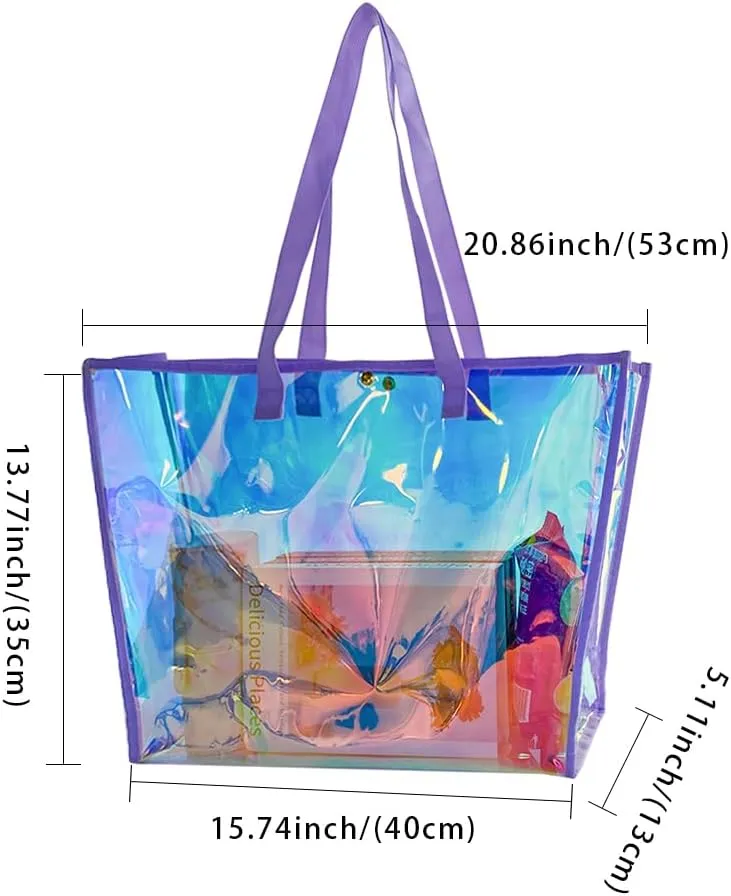 ONEART Clear Holographic Tote Bags, Iridescent Waterproof Top Handle Bag, Clear Jelly Totes Vocation Party Beach Bag