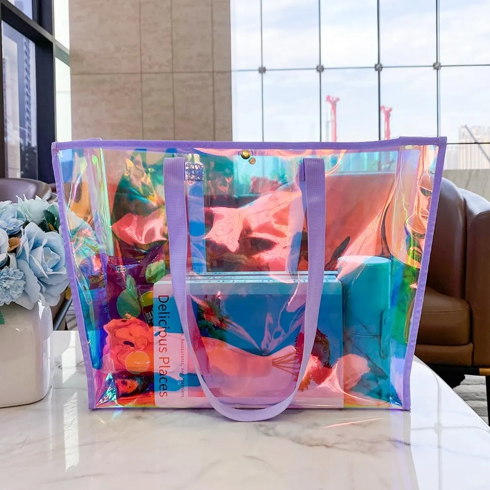 ONEART Clear Holographic Tote Bags, Iridescent Waterproof Top Handle Bag, Clear Jelly Totes Vocation Party Beach Bag