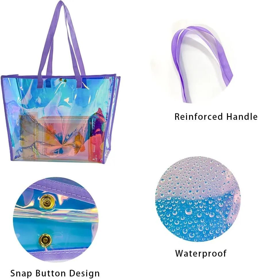 ONEART Clear Holographic Tote Bags, Iridescent Waterproof Top Handle Bag, Clear Jelly Totes Vocation Party Beach Bag