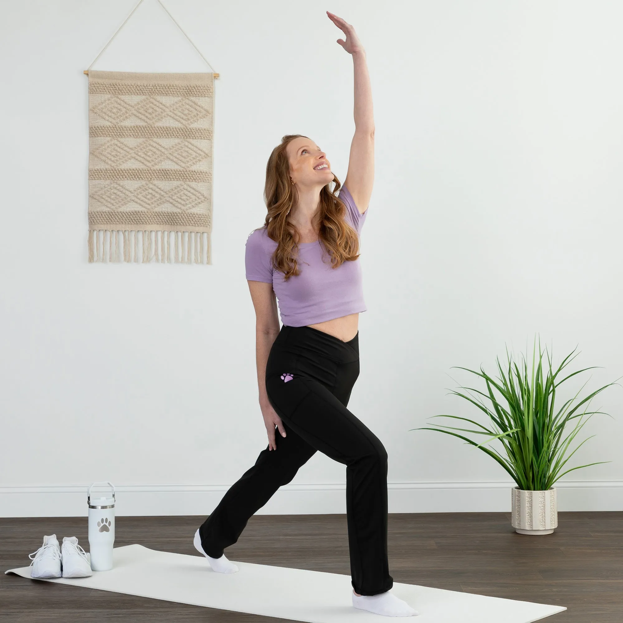 Paw Print Crossover Waist Yoga Pants with Pockets