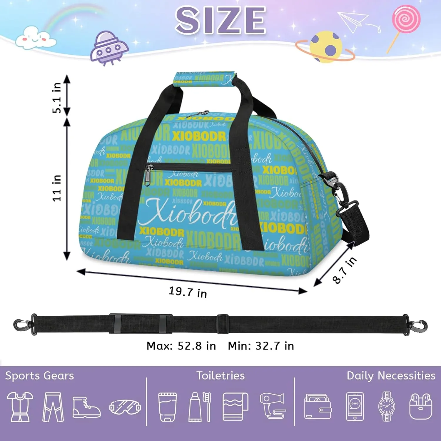 Personalized Cute Duffle Bag - Custom Name Kids Sports Bag, Sleepover Bags for Girls, Lightweight Toddler Boys Overnight Bag for Weekender Travel Cheer Dance Ball Game, Blue Green Yellow