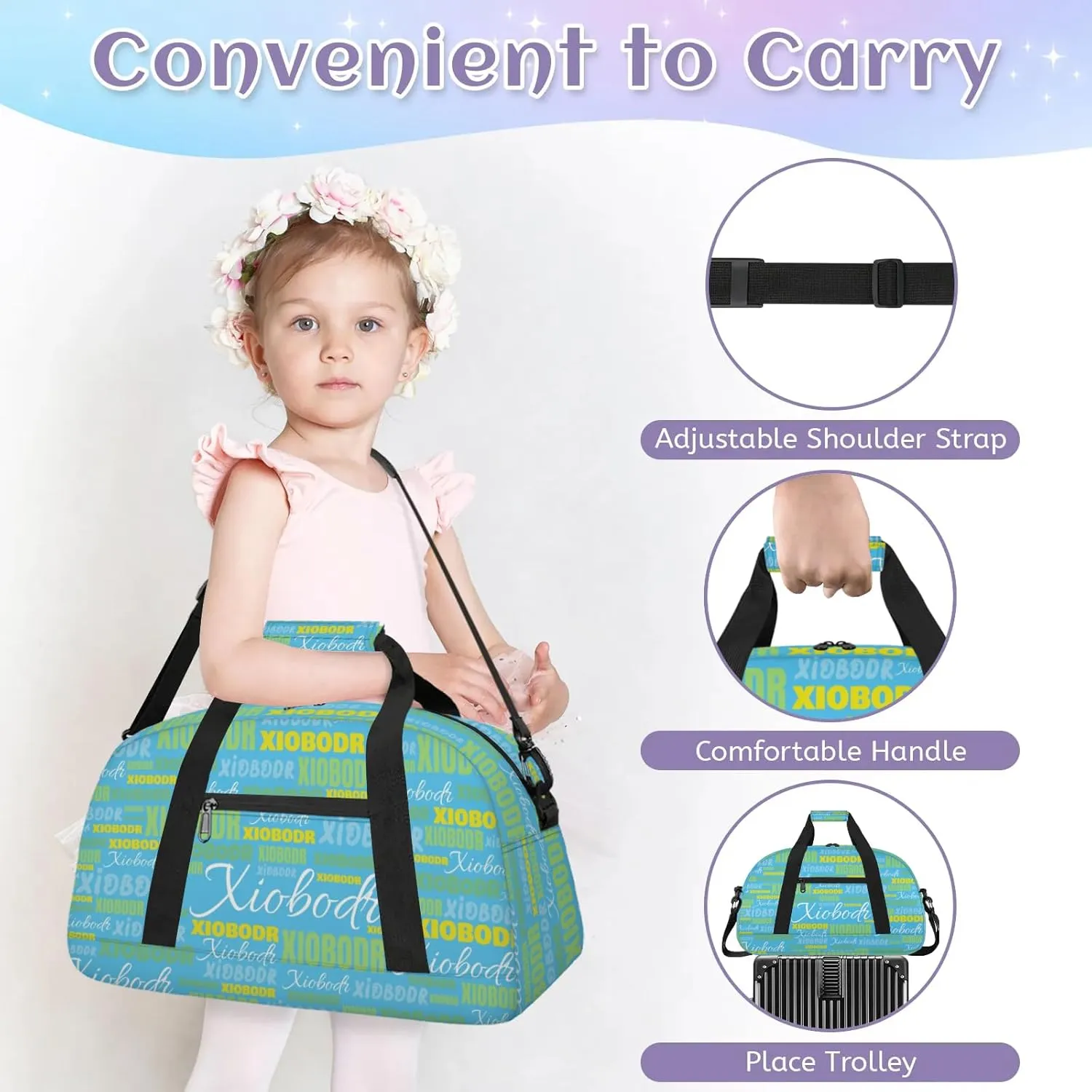 Personalized Cute Duffle Bag - Custom Name Kids Sports Bag, Sleepover Bags for Girls, Lightweight Toddler Boys Overnight Bag for Weekender Travel Cheer Dance Ball Game, Blue Green Yellow