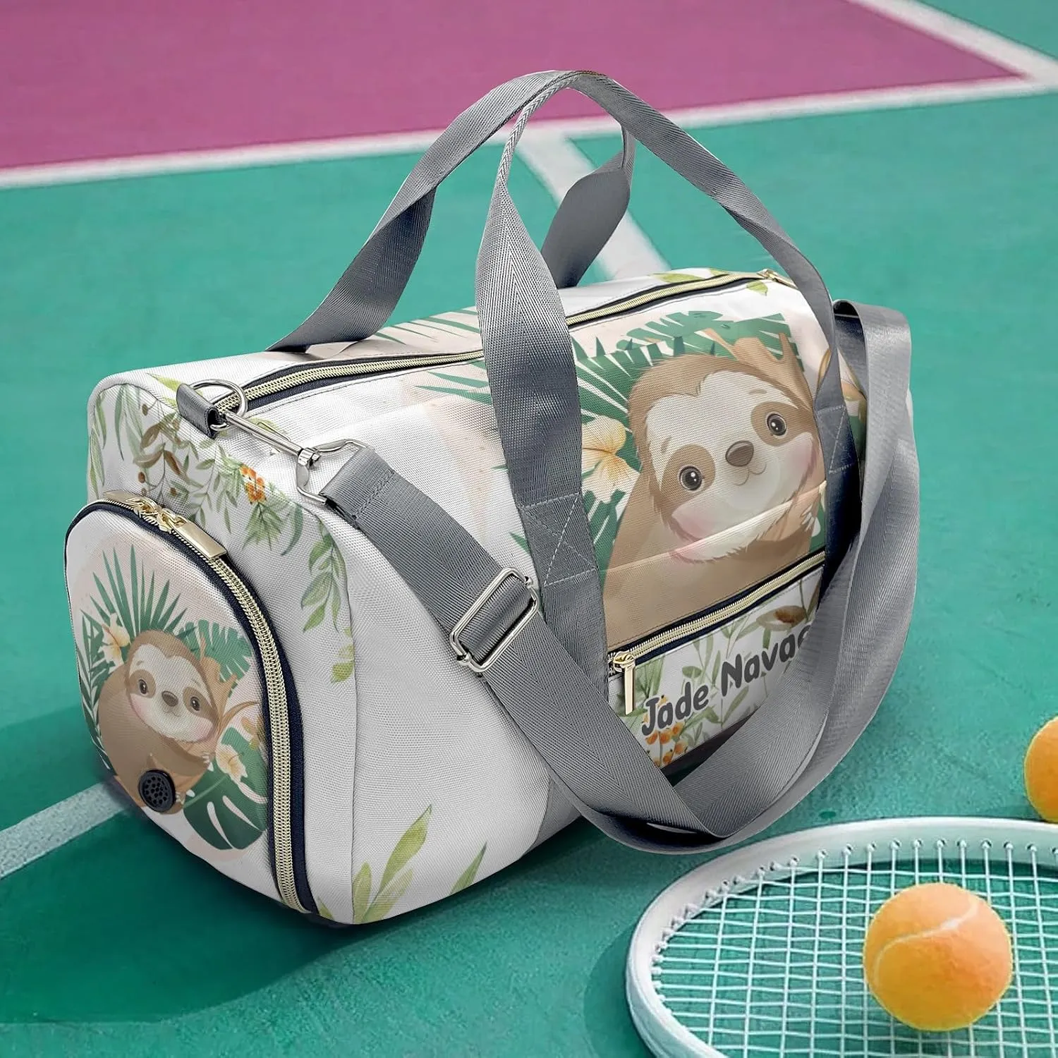 Personalized Woodland Leaves Cute Sloth Customized Multi-functional Handbag Travel Bag, Unisex Portable Duffel Bag