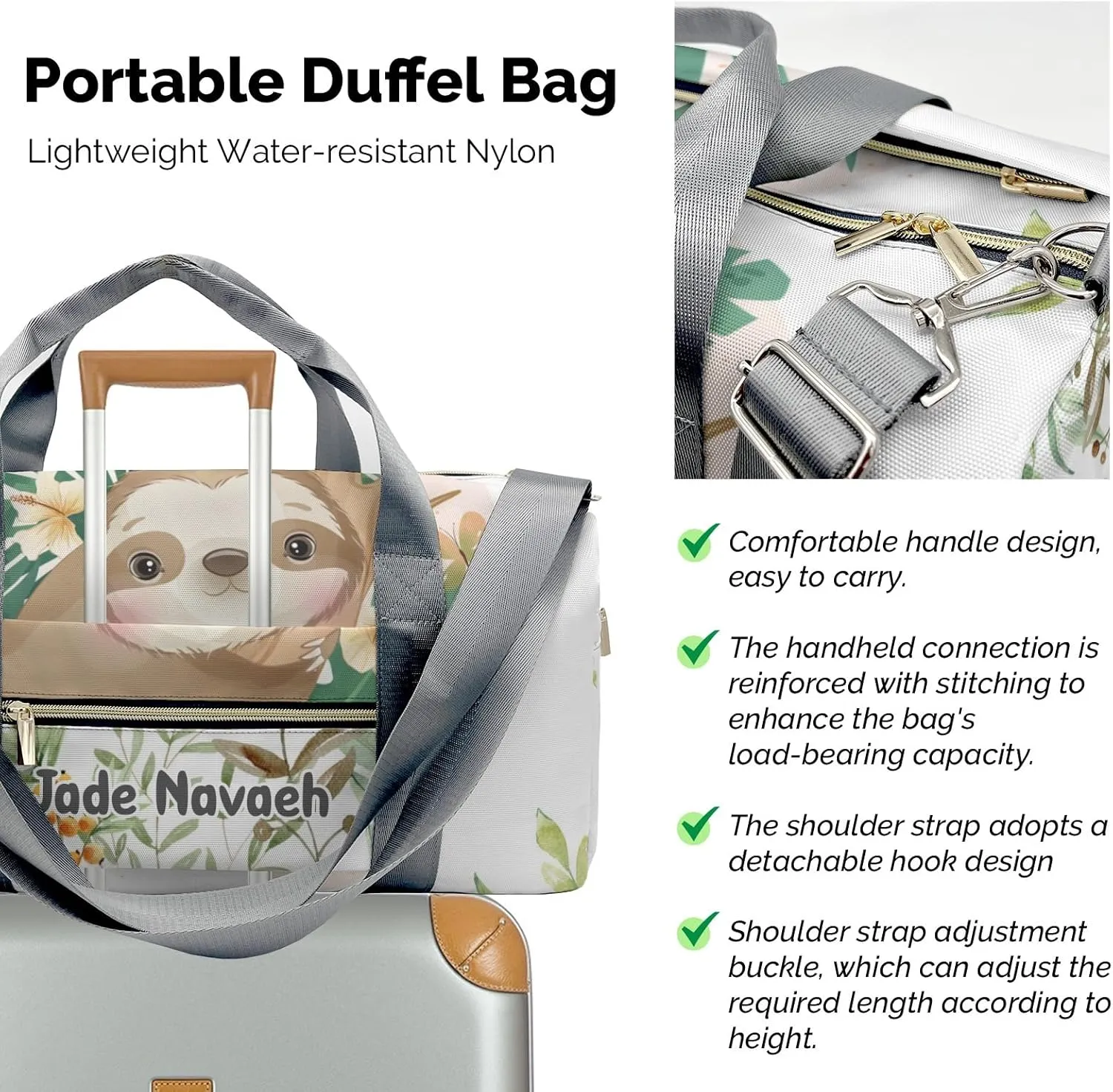 Personalized Woodland Leaves Cute Sloth Customized Multi-functional Handbag Travel Bag, Unisex Portable Duffel Bag