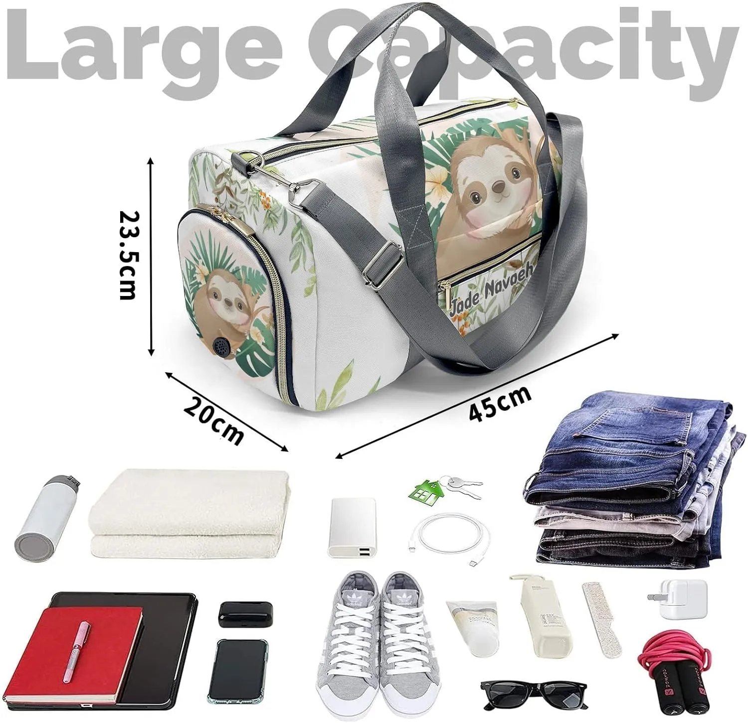 Personalized Woodland Leaves Cute Sloth Customized Multi-functional Handbag Travel Bag, Unisex Portable Duffel Bag