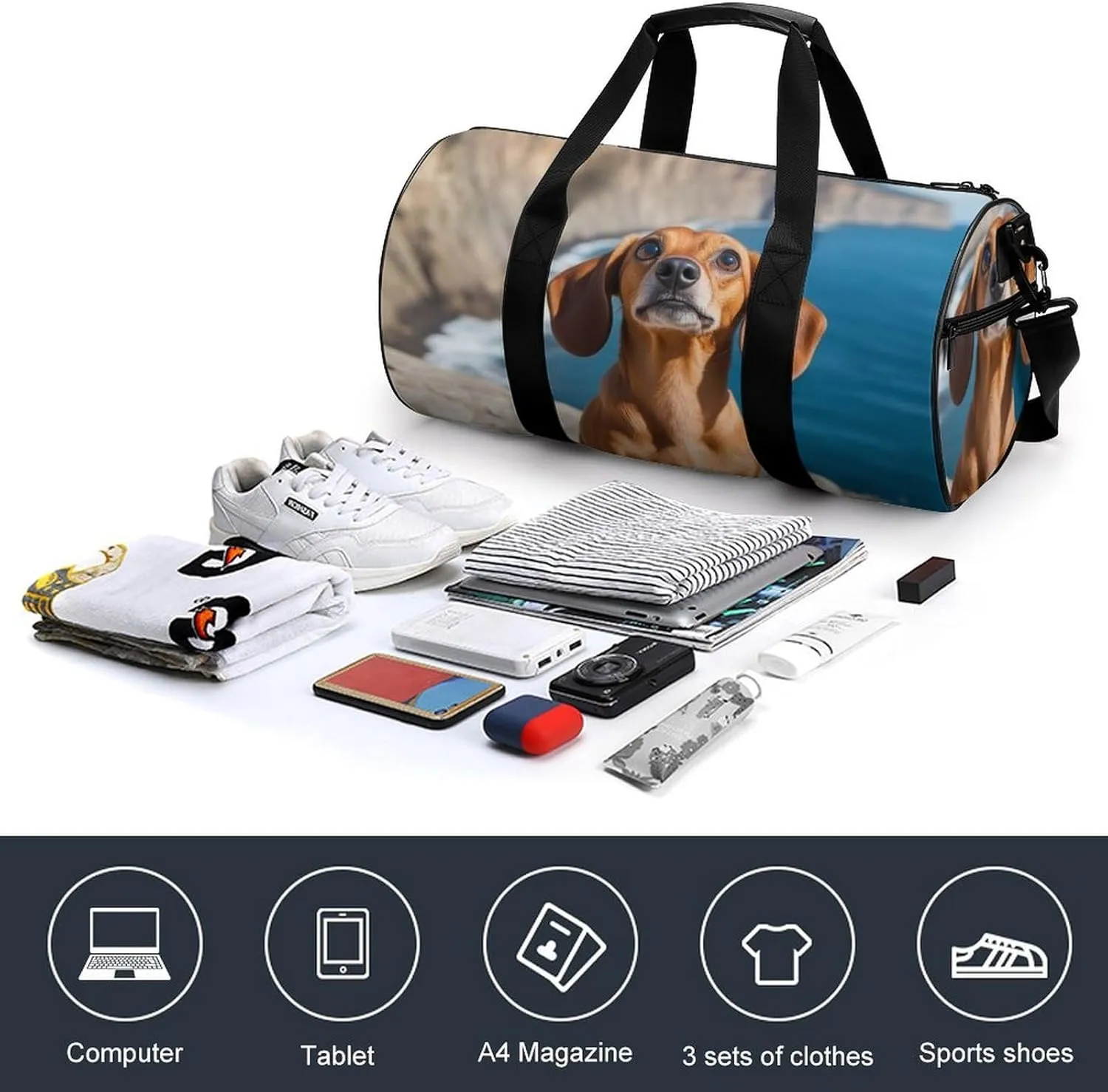 Portable Large Overnight Duffel Bags Cute Funny Dachshund Dog Travel Storage Bag, Waterproof Gym Sports Handbag with Adjustable Shoulder Strap