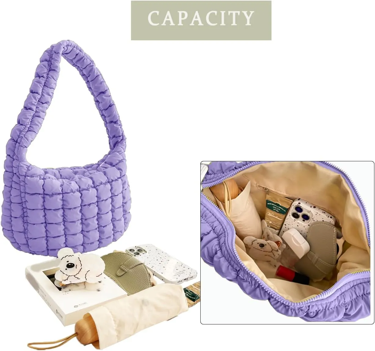 Puffer Carryall Tote Bag for Women Quilted Shoulder Bag for Travel Lightweight Cotton Padded Hobo Handbag