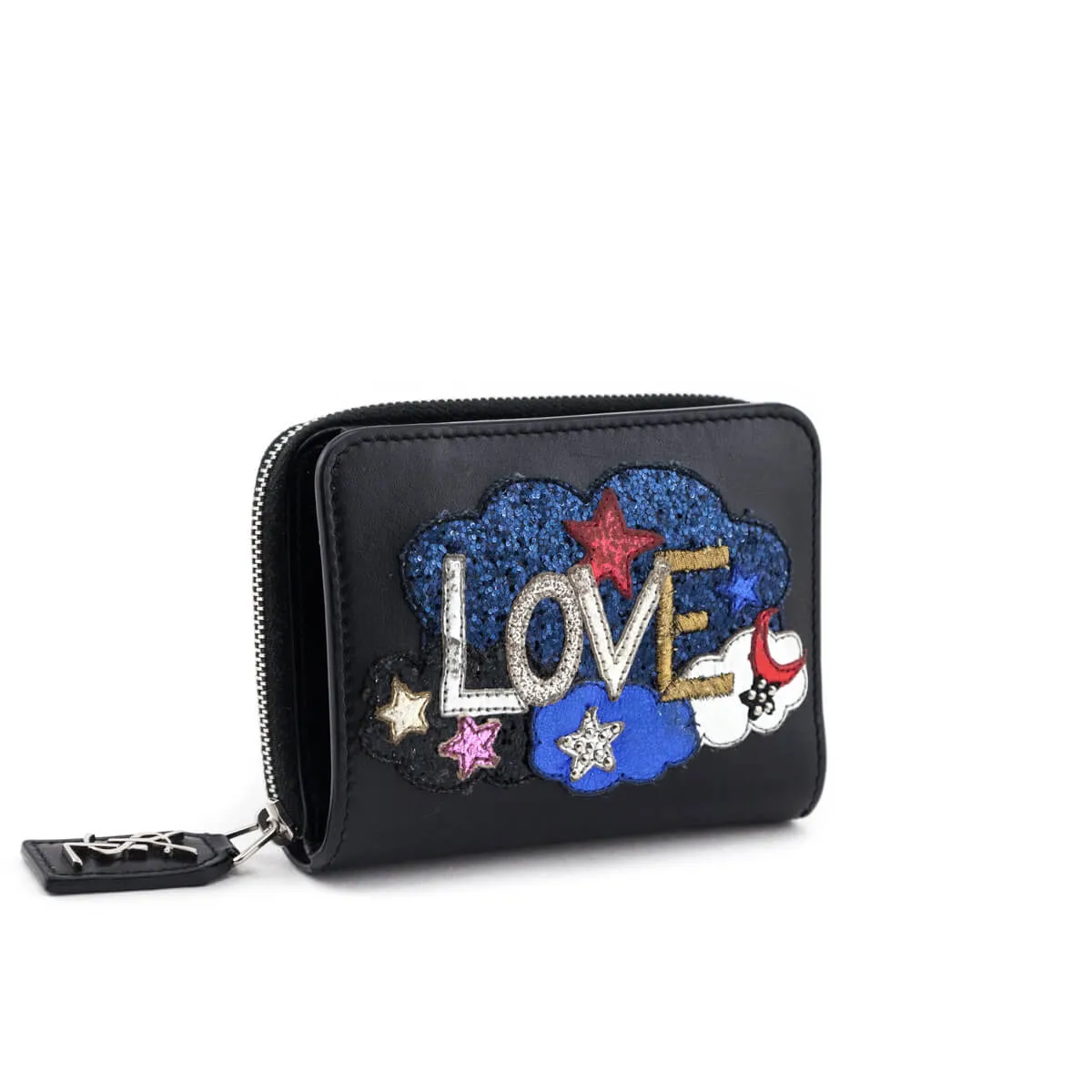 Saint Laurent Black Calfskin Love Patch Zipped Compact Wallet