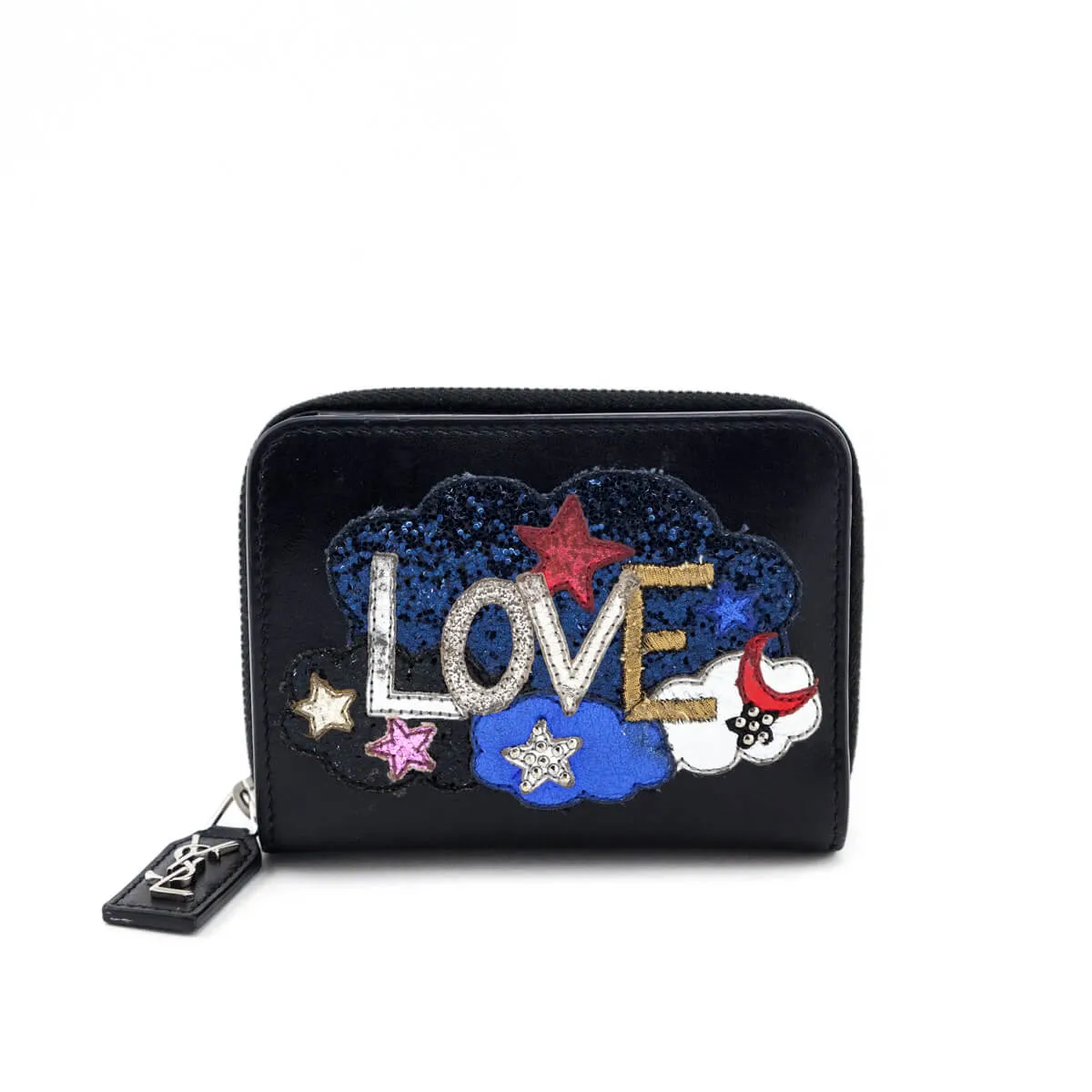 Saint Laurent Black Calfskin Love Patch Zipped Compact Wallet