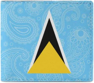 Saint Lucia Flag Paisley Pattern Funny Bifold Wallets Funny Purse Front Pocket Holder Money Clip with ID Credit Card Slots for Men Women 4.5 X 4 Inches