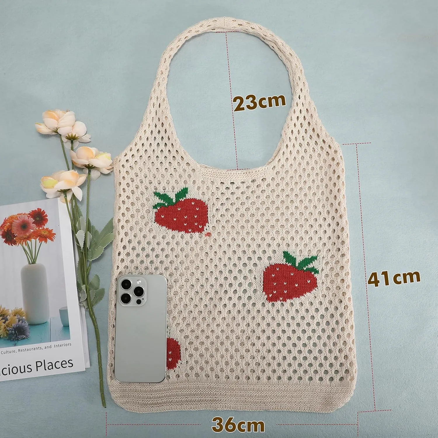 SUOSDEY Crochet Mesh Beach Tote Bag, Knit Summer Vacation Aesthetic Boho Tote Bag for Women
