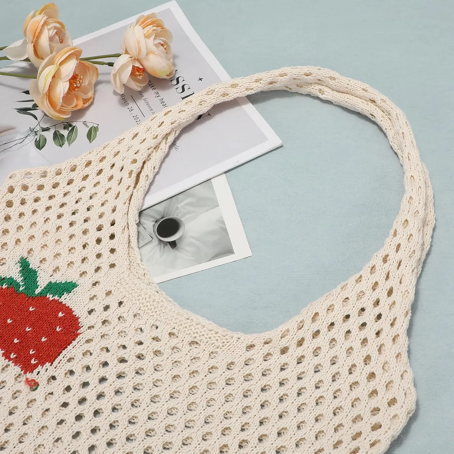 SUOSDEY Crochet Mesh Beach Tote Bag, Knit Summer Vacation Aesthetic Boho Tote Bag for Women